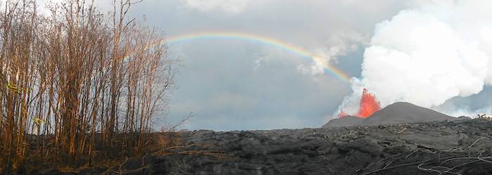 A rainbow over a lava field with trees in the background.