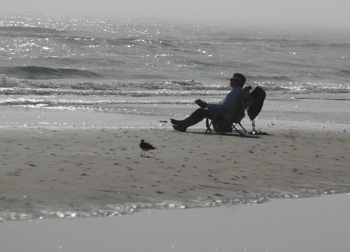 A man sitting in a chair on the beach.