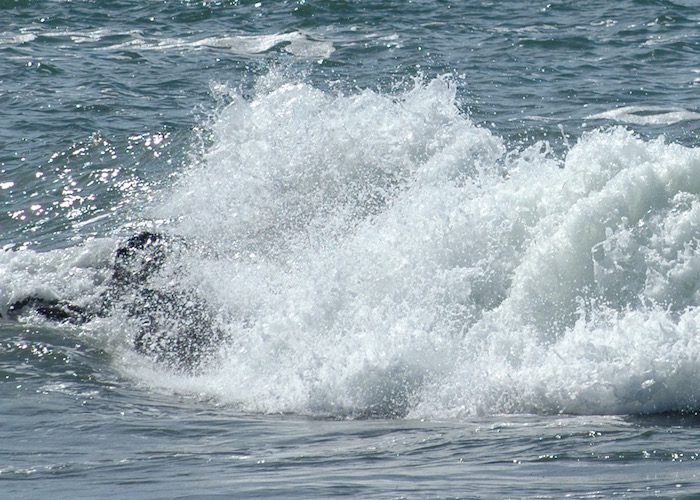 A surfer riding a wave in the ocean.