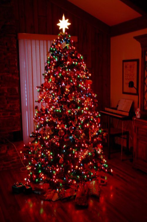 A christmas tree is lit up in a living room.