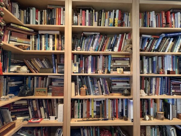 A book shelf with many books on it.